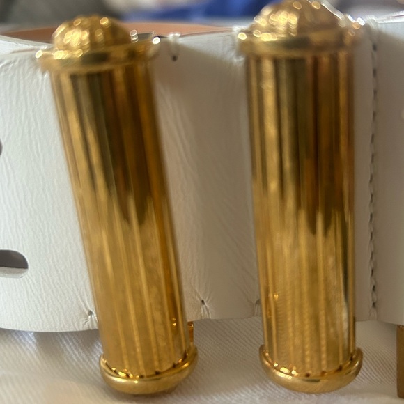 VERSACE Gold Square Buckle Leather Belt White Three Prong NWT Bag Size 85/34 - Picture 5 of 12